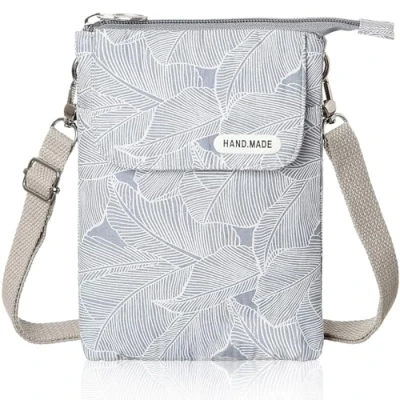 Image of Fiisstina KXF Canvas Cell Phone Purse Wallet Freshing Elegant Leaf Pattern Small Crossbody Bag Lightweight Shoulder Cellphone Pouch with Adjustable Strap for Women Girls