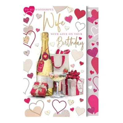 Image of Words &#039;n&#039; Wishes Wonderful Wife Large Birthday Card Wrapped Gifts, Champagne and Hearts with Foil Finish Eco Friendly