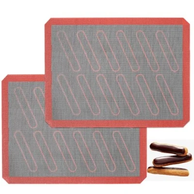 Image of Perforated Silicone Baking Mats, 2 PCS Eclair Mat for Half Sheet with 12 Printed Oblong Guides, Non Stick Reusable Oven Liners Making Bread/Pizza/Pastry/Cookie 11 4/5&quot; x 15 3/4&quot;
