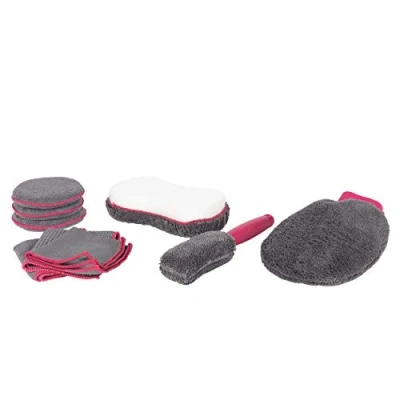 Image of Kleeneze KL082350EU7 9 Piece Deluxe Car Cleaning Set Includes Wheel Brush, Soft Pads, Polishing Mitt, Double Sided Sponge and Microfibre Cloths, Interior/Exterior Kit, Grey/Pink
