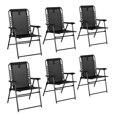Image of Outsunny Set of 6 Patio Folding Chair Set, Garden Portable Outdoor Chairs with Armrest and Breathable Mesh Fabric Seat Backrest, for Camping, Beach, Deck, Lawn, Black