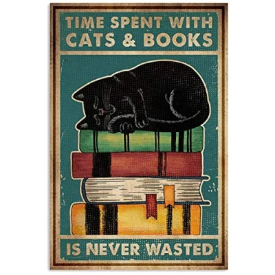 Image of LINQWkk Vintage Metal Tin Sign,Cats And Books Poster Wall Poster, Retro Style, Funny Cat, Home,Pub,Bar,Restaurant,Coffee bar, Art Plaque Decor 8x12inch