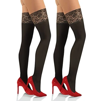Image of Sesto Senso 2 Pack Womens Hold Ups Stockings 40 Denier Microfiber Opaque Sexy Lace Top XL XXL Claret