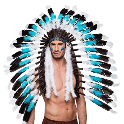 Image of Boland 44141 Headdress Indian Snow Wolf for Adults, Chief, Headband, Headwear, Feathers, Theme Party, Carnival, Multi color