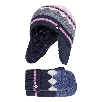 Image of HEAT HOLDERS Girls Nordic Pattern Fairisle Design Trapper Hat with Mittens Gloves Set (3 6 Years, Navy)