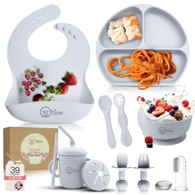 Image of O&#039;doe 11 Piece Baby Led Weaning Feeding Supplies for Toddlers,Baby Set Suction Silicone Bowl Self Eating Utensils with Spoons, Bibs, Toddlers Spoon Set, Food Plate Kit Grey V1