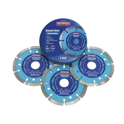 Image of Faithfull FAIDBSET3C Paving Slab, Concrete, Brick and Roofing Tiles, General Purpose Diamond Cutting Blade Triple Pack 115mm (4.5 Inch) with Storage Tin, Blue