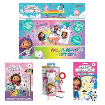 Image of Anila&#039;s Gabby&#039;s Dollhouse Activity Set with Aqua Magic Gift Set, Scratch Art Pad, Bubble Tub Wand and Sticker Book.