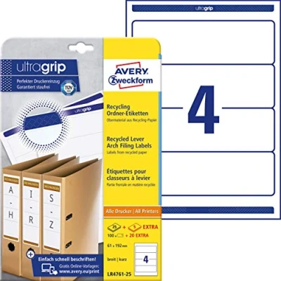 Image of Avery Zweckform LR4761 25 Folder Labels Recycled 61 x 192 mm Sheets / 100 White