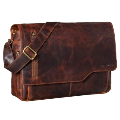 Image of STILORD &#039;Marlon&#039; Leather Bag Men Business University Vintage Shoulder Crossbody Messenger Laptop 15.6 inches in Genuine Leather, Colour:Bordeaux Brown