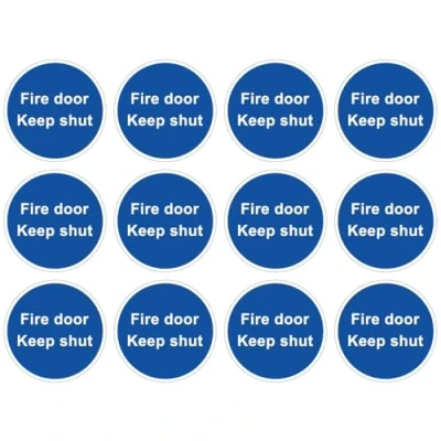 Image of Pack of 12 self adhesive, 80mm diameter, adhesive vinyl, Fire door Keep shut signs