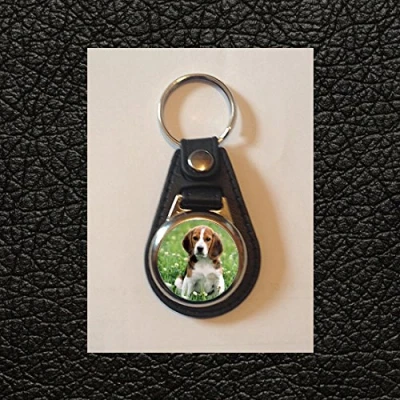 Image of Beagle Sitting on Grass Cute Animal Cartoon Design Faux Leather Keyring
