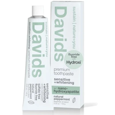 Image of Davids Nano Hydroxyapaite Natural Toothpaste for Sensitivity, Peppermint, Flouride Free, SLS Remineralize Enamel, Gentle Whitening, Squeezer Included, Recycable Metal Tube, 5.25oz