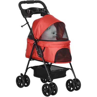 Image of PawHut Dog Pram Stroller Foldable Pet Pushchair with 4 Wheels, Safety Leashes, Cup Holder for Small Dogs, Red