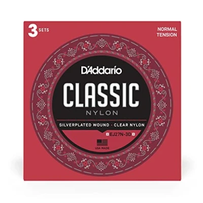 Image of D&#039;Addario Guitar Strings Classic Nylon EJ27N Classical Silver Plated Wrap, Core, Clear Student Trebles Normal Tension, 3 Pack