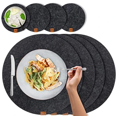 Image of Scandi Style Felt &amp; Leather Placemats (Round) 4 Table Mats + Glass Coaster