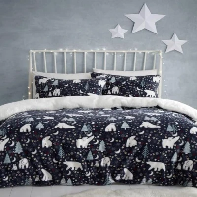 Image of Fusion Christmas Starry Night &amp; Polar Bear Duvet Cover Double Bedding Size (200 x 200cm) Reversible Design 2x Pillowcases Navy Blue with Arctic Bears Trees