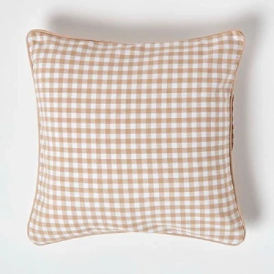 Image of HOMESCAPES 100% Cotton Gingham Check Cushion Cover 45 x cm Square 18 Inches Beige White Sofa Pillow Washable