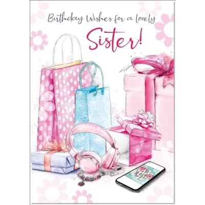 Image of doodlecards Sister Birthday Card Present Pile Medium Size with Plain Envelope