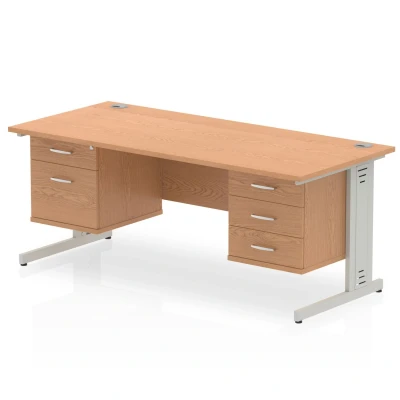 Image of Impulse 1600x800 Desk Oak Silver Cable Managed Leg + 2 Pedestal Bundle