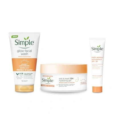 Image of Simple Protect &#039;N&#039; Glow Express Clay Polish Cleanser, 1x 150 ml + Triple Moisturiser, 40 Rest and Reset 72h Hydrating Gel, 50 Set of 3