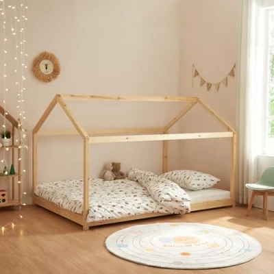 Image of [en.casa] Children&#039;s bed Cerro 140 x 200 cm house youth in look Montessori made of solid pine frame with slatted Wood colors