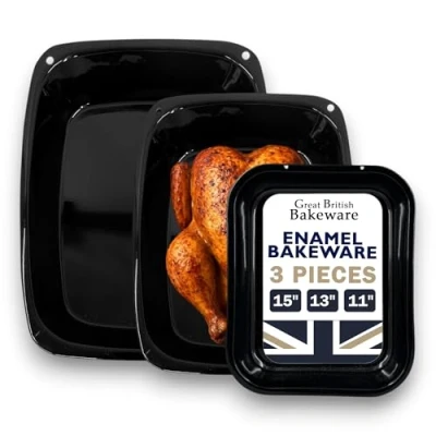 Image of Samuel Groves UK Made Vitreous Enamel Roasting Tin Baking Tray Pans Set 37cm/33cm/28cm (37cm/33cm/28cm Set)
