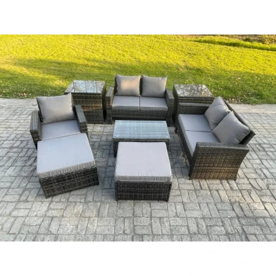 Image of Rattan Garden Furniture Set 7 Seater Patio Outdoor Lounge Sofa Chair with Rectangular Coffee Table 2 Big Footstool Side Tables Dark Grey Mixed