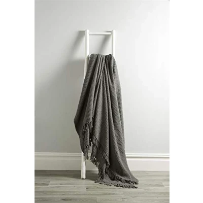 Image of Olivia Rocco Lisbon Throw 100% Cotton Plain Honeycomb Sofa Bed Chair Cover Throws Tasselled Decorative Blanket, 127 x 152 cm (50&quot; 60&quot;) Grey