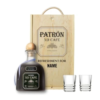 Image of Personalised Patrón XO Cafe Tequila Gift Set with Shot Glasses Alcohol Present for Men or Women 70cl Bottle (35% ABV) in Engraved Wooden Keepsake Box Coffee Him Her