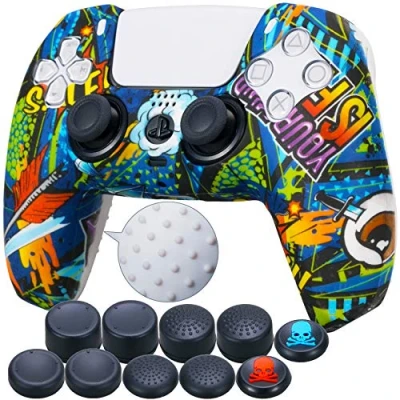 Image of 9CDeer 1 Piece of Silicone Transfer Print Protective Cover Skin + 10 Thumb Grips for Playstation 5 / PS5 Controller Graffito Blue
