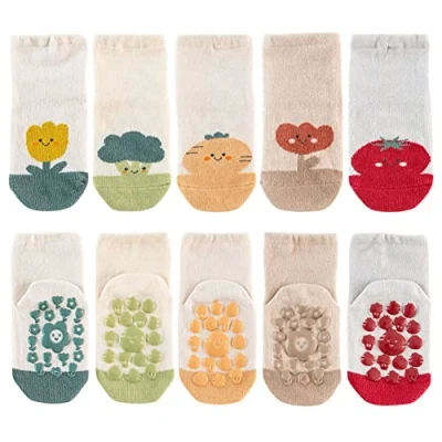 Image of FedMois 5 Pairs Baby Kids Anti slip Socks Cotton non skid Ankle Socks, plant, 1 3 Years