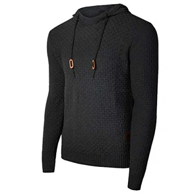 Image of Genfien Men&#039;s Casual Long Sleeve Funnel Neck Plaid Jacquard Pullover Thick Knitted Sports Hooded Sweatshirt Black