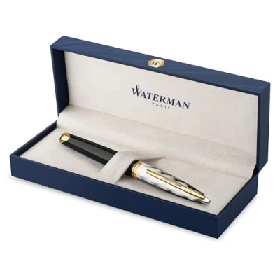 Image of Waterman Carene Fountain Pen Metal &amp; Black Lacquer with Gold trim Chiselled cap 18K Fine Nib Blue Ink Gift Box