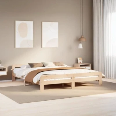 Image of vidaXL Bed Frame 200x200 cm Solid Pine Wood Brown Bedstead Modern Double with Headboard &amp; Footboard Durable and Sturdy