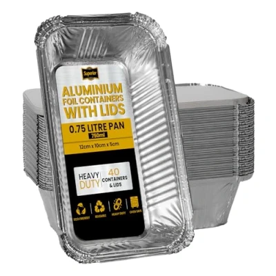 Image of Superior Pack of 40 Foil Containers with Lids 750ml Sturdy Deep Trays Ideal for Storage Baking Roasting BBQ Cooking Reusable Food Small to Medium Size Meals