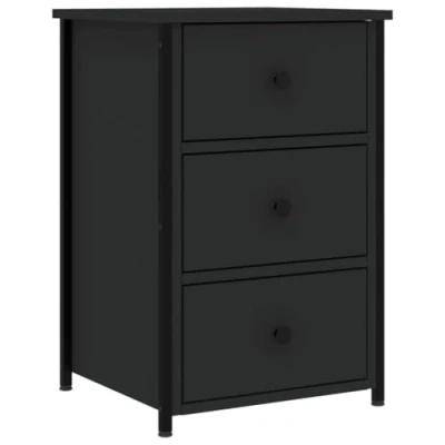 Image of vidaXL Industrial Style Black Bedside Cabinet Engineered Wood and Iron Frame, Three Drawers, Adjustable Feet, Nightstand/Side Table for Bedroom
