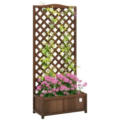 Image of Outsunny Garden Wooden Planter Box with Trellis Flower Raised Bed Dark Brown 845 635V01DR