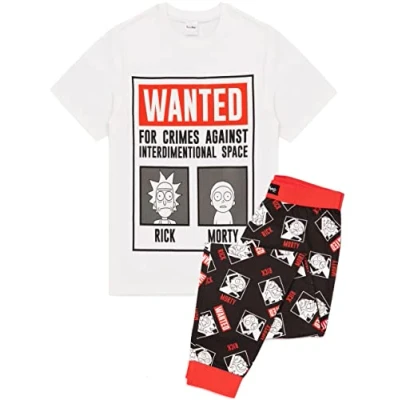 Image of Rick and Morty Wanted Men&#039;s Pyjamas Poster T Shirt Lounge Pant&#039;s, Multicoloured, XL