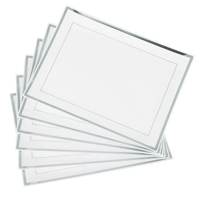 Image of MATANA 6 White Rectangular Serving Platters with Silver Rim, 30x23cm Reusable Plastic Trays for Snack, Sandwich, Buffet Trays, Food Serving, Catering, Parties, Weddings, Birthdays