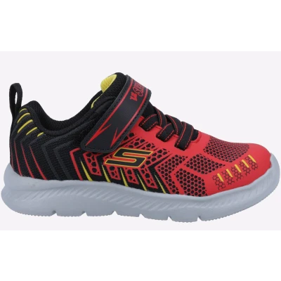 Image of Skechers 407218N BKRD Sneaker, Black &amp; Red Textile/Synthetic/Yellow Trim, 5 UK
