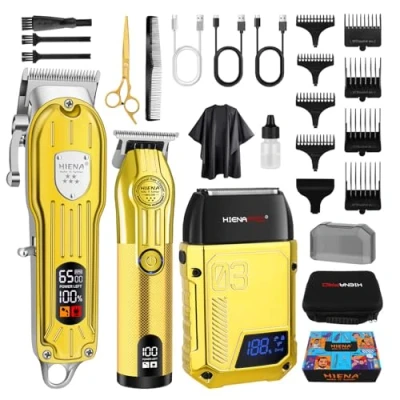 Image of HIENA PRO Professional Hair Clippers Men, Full Cutting Kit Clipper Trimmer and Foil Shaver Set Cordless for Barber with LED Display