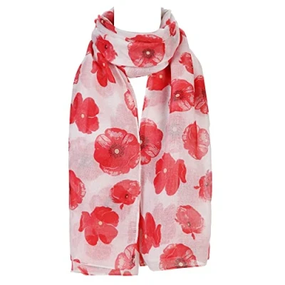 Image of London Scarfs Ladies Scarves Poppy Flower Print Design Neck Wrap Shawl for Women s (White)
