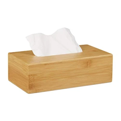 Image of Relaxdays Bamboo Tissue Box Cover, HWD: 8.5 x 27.5 15.5 cm, Dispenser for Regular and Facial Tissues, Natural