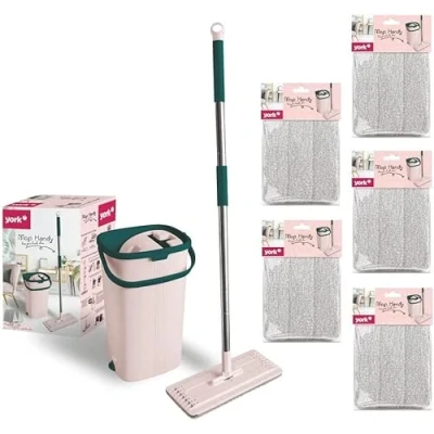 Image of YORK Mobile Phone Flat Mop, Pink (Includes Wring Bucket, Mop Head), Telescopic Aluminium Handle, Easy Storage, Suitable for All Floors