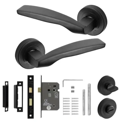 Image of Decoranddecor Solitude Matt Black Door Lever Handles On 54mm Rose Aluminium Curved Design (Bathroom Lock Kit)