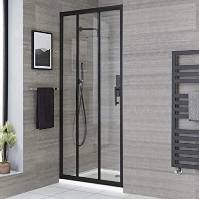 Image of Milano Nero 900mm Reversible Wet Room Triple Sliding Shower Enclosure Door Black