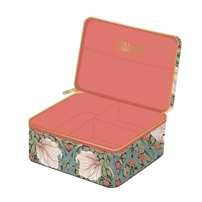 Image of Portico Designs Ltd William Morris Pimpernel Travel Jewellery Case, size approx 13.5x13.5x5.5cm with soft faux velvet inner lining material