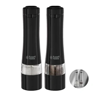 Image of Russell Hobbs 28010 56 Electric Salt and Pepper Mill Set [2 Automatic Grinders] Black Stainless Steel (Adjustable Grinding Fineness, Ceramic Wheels, for Dried Spices, LED Lighting)