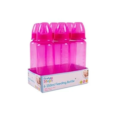 Image of Pack of 6 Pink Baby Feeding Bottles 250ml with Silicone Teat 9oz Measuring Gauge BPA Free